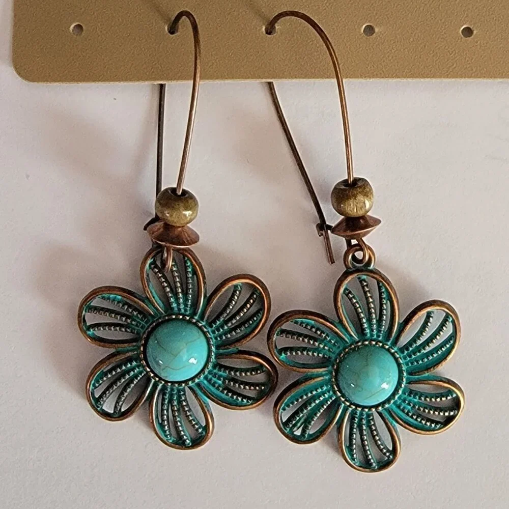 Southwestern turquoise Beaded Earrings with Brass Loops in Floral Pattern - NWOT